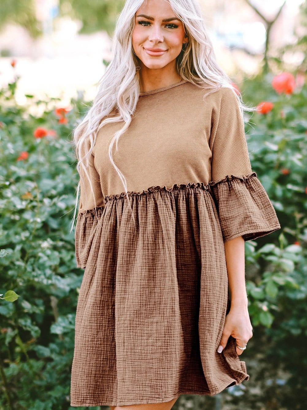 Khaki Waffle Knit Crinkle Patchwork Ruffle Hem Mini Dress