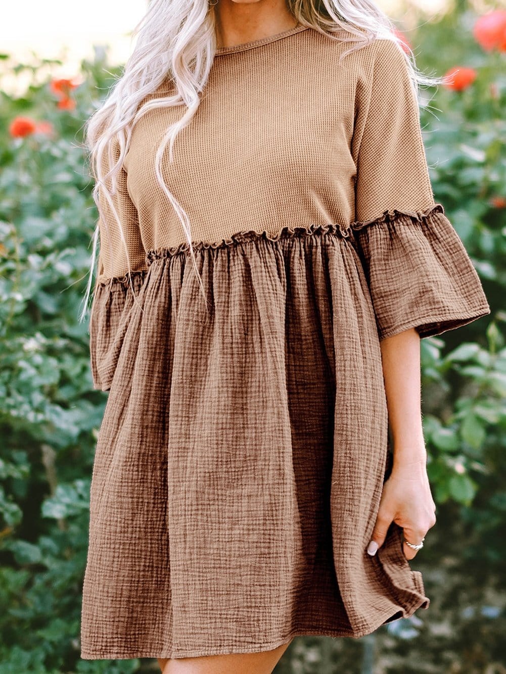 Khaki Waffle Knit Crinkle Patchwork Ruffle Hem Mini Dress