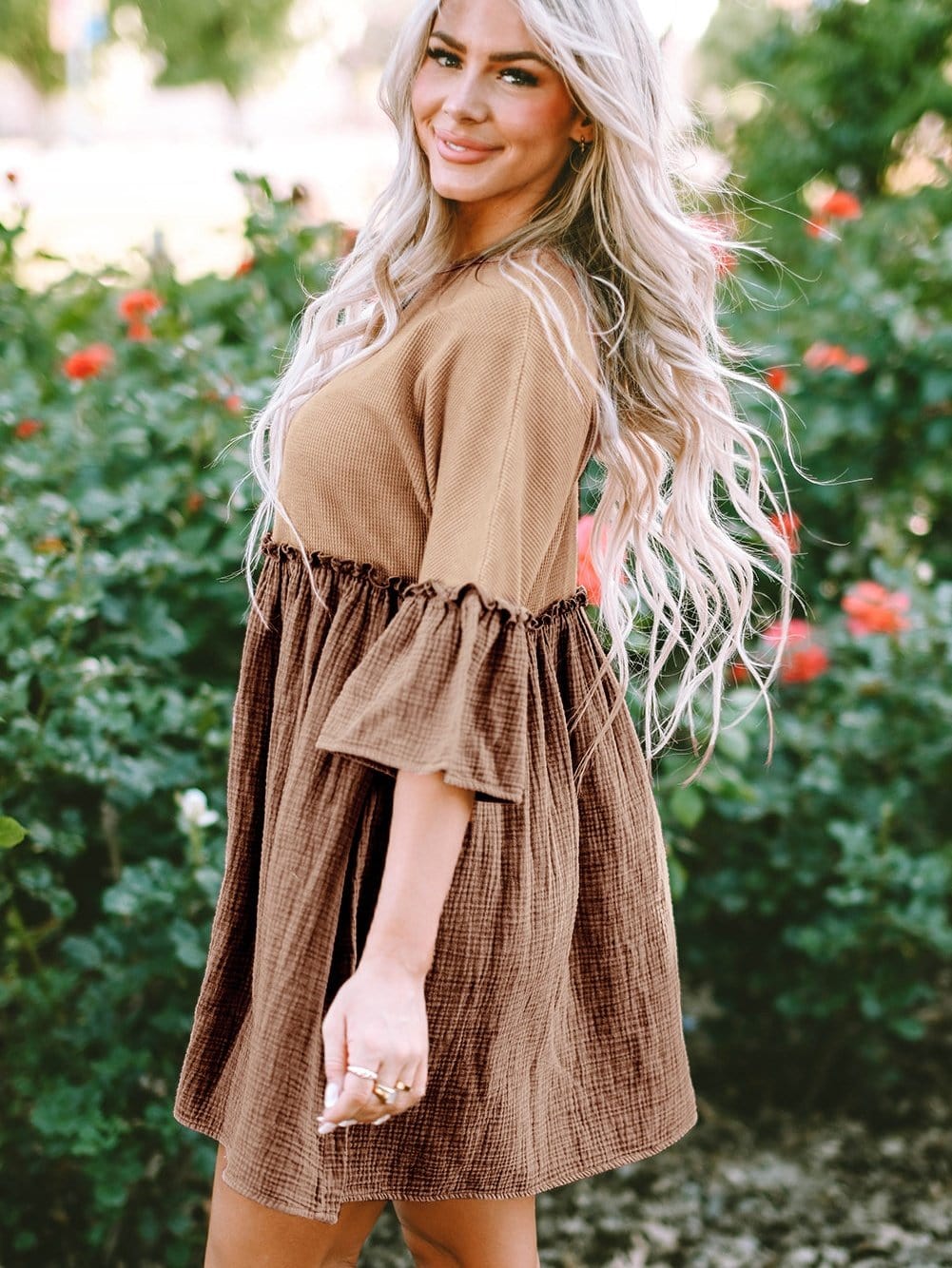 Khaki Waffle Knit Crinkle Patchwork Ruffle Hem Mini Dress