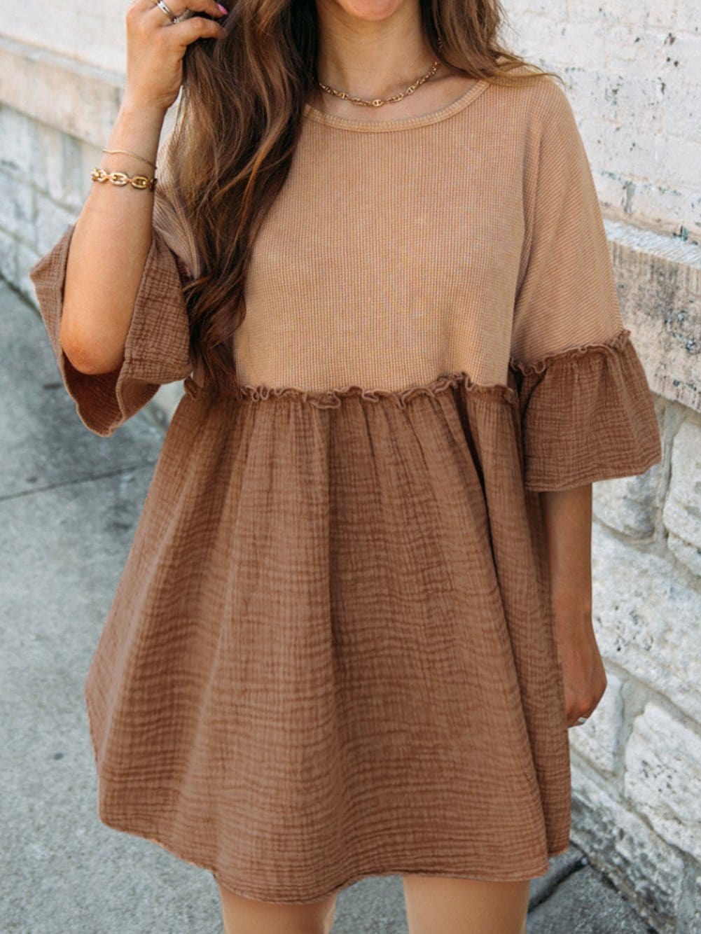 Khaki Waffle Knit Crinkle Patchwork Ruffle Hem Mini Dress