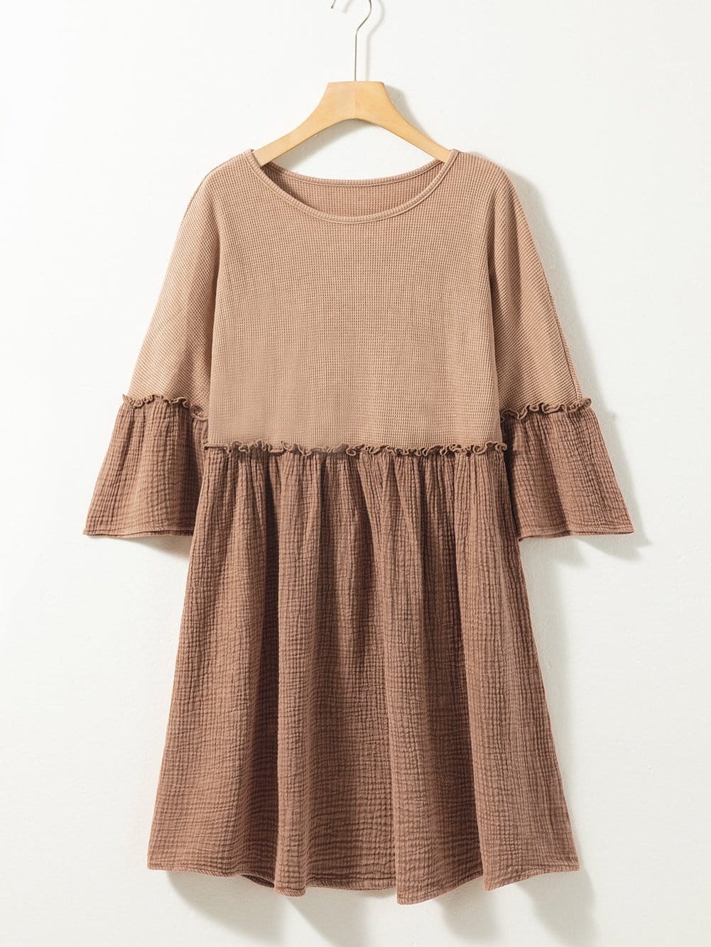 Khaki Waffle Knit Crinkle Patchwork Ruffle Hem Mini Dress