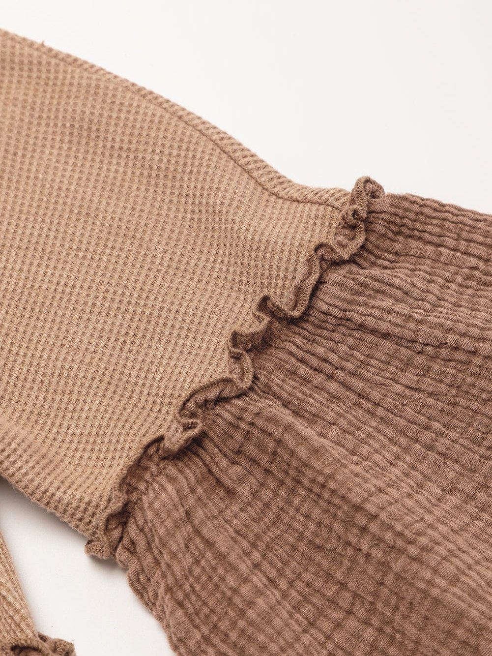 Khaki Waffle Knit Crinkle Patchwork Ruffle Hem Mini Dress