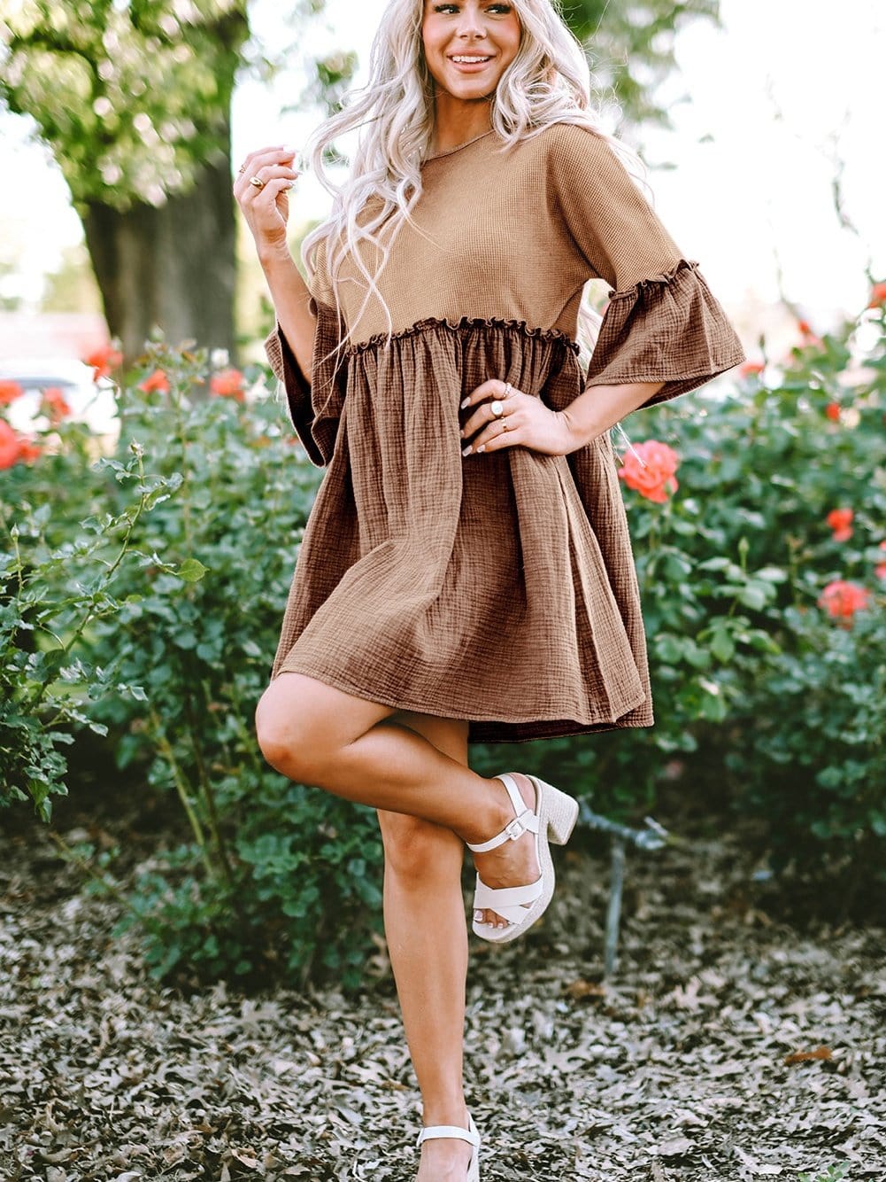 Khaki Waffle Knit Crinkle Patchwork Ruffle Hem Mini Dress