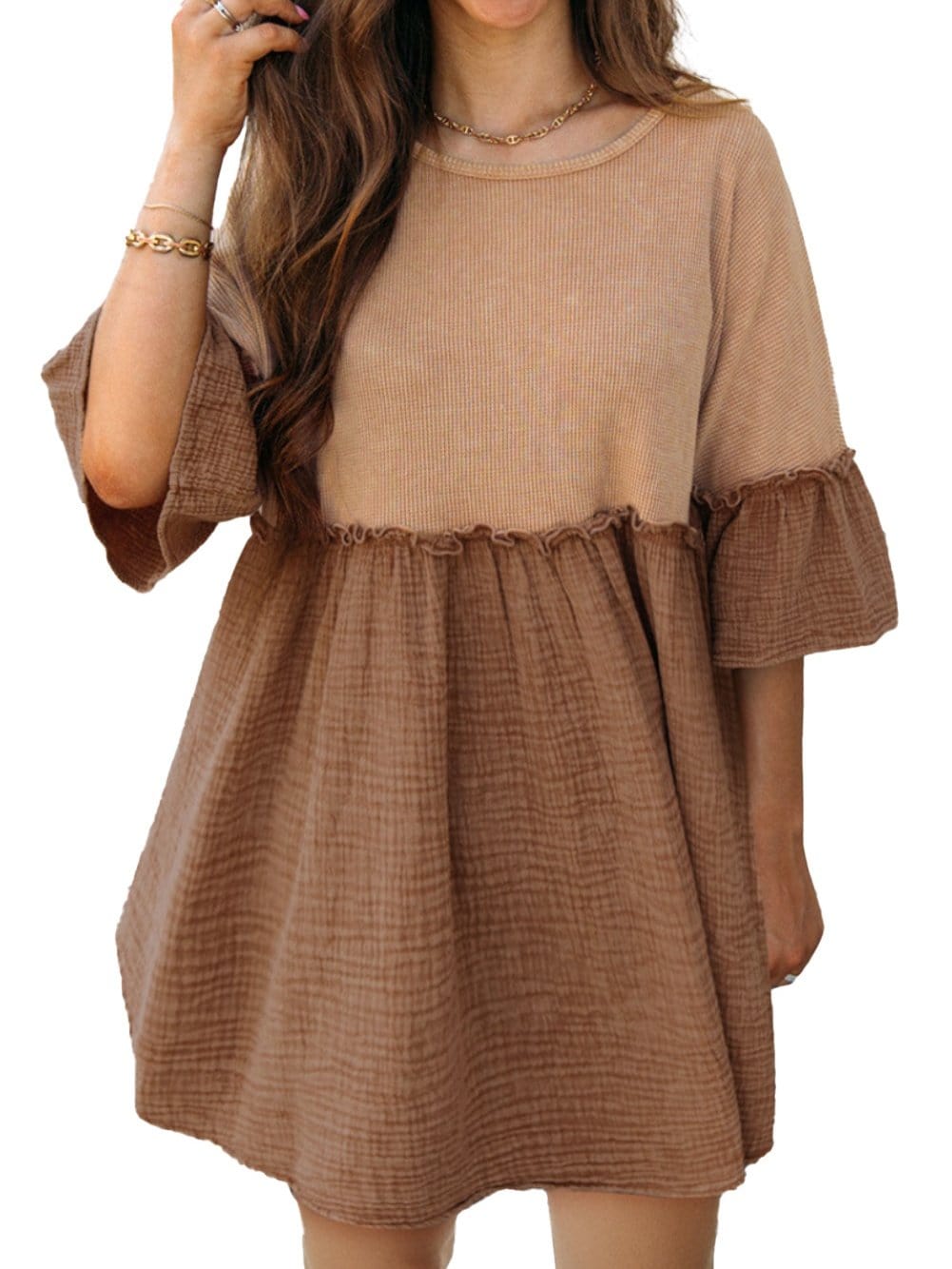 Khaki Waffle Knit Crinkle Patchwork Ruffle Hem Mini Dress