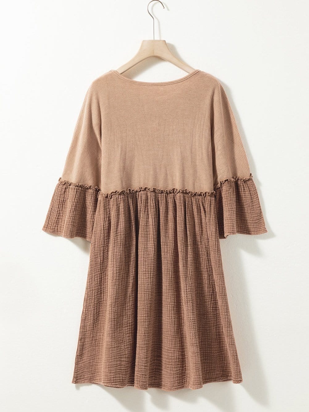 Khaki Waffle Knit Crinkle Patchwork Ruffle Hem Mini Dress