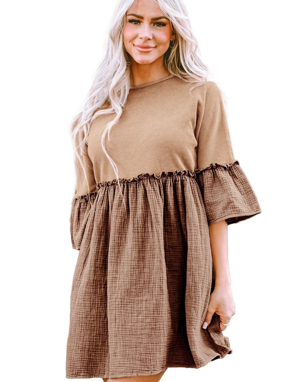 Khaki Waffle Knit Crinkle Patchwork Ruffle Hem Mini Dress