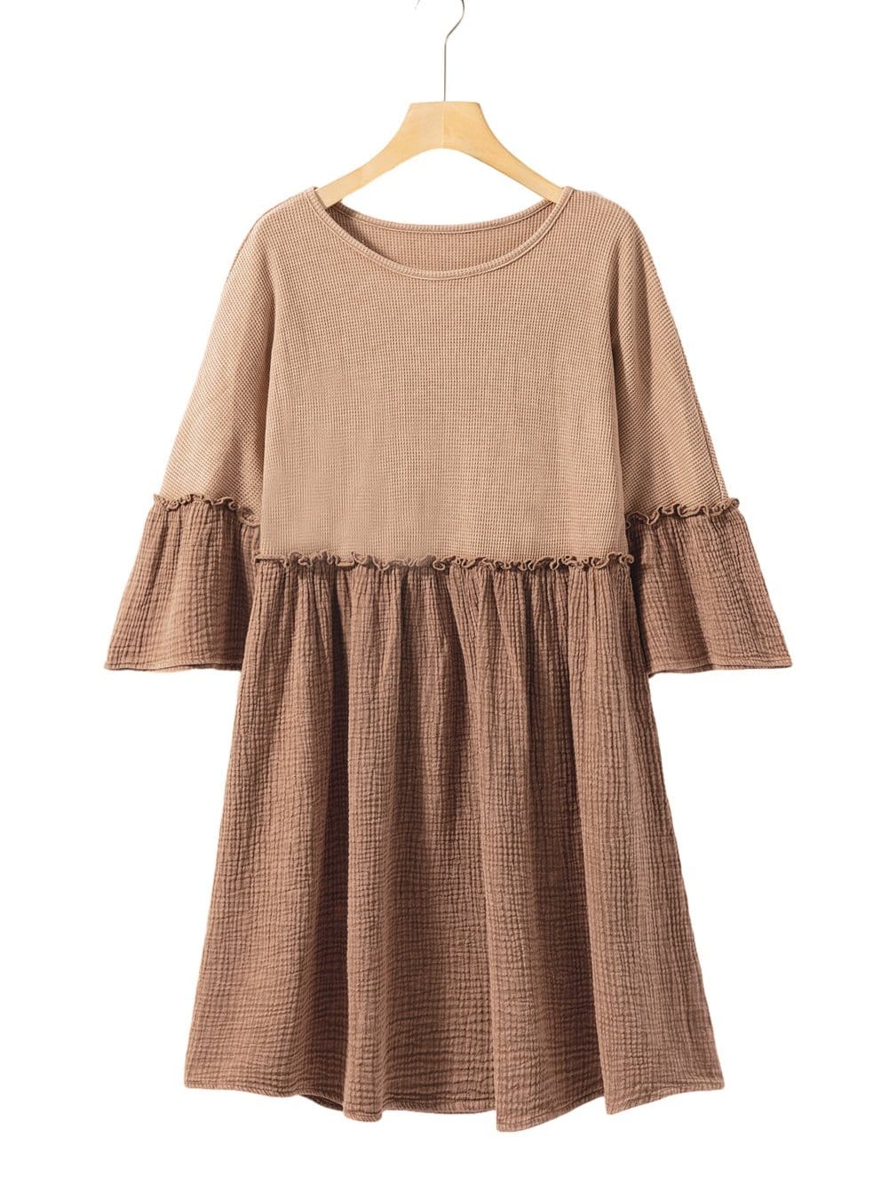 Khaki Waffle Knit Crinkle Patchwork Ruffle Hem Mini Dress