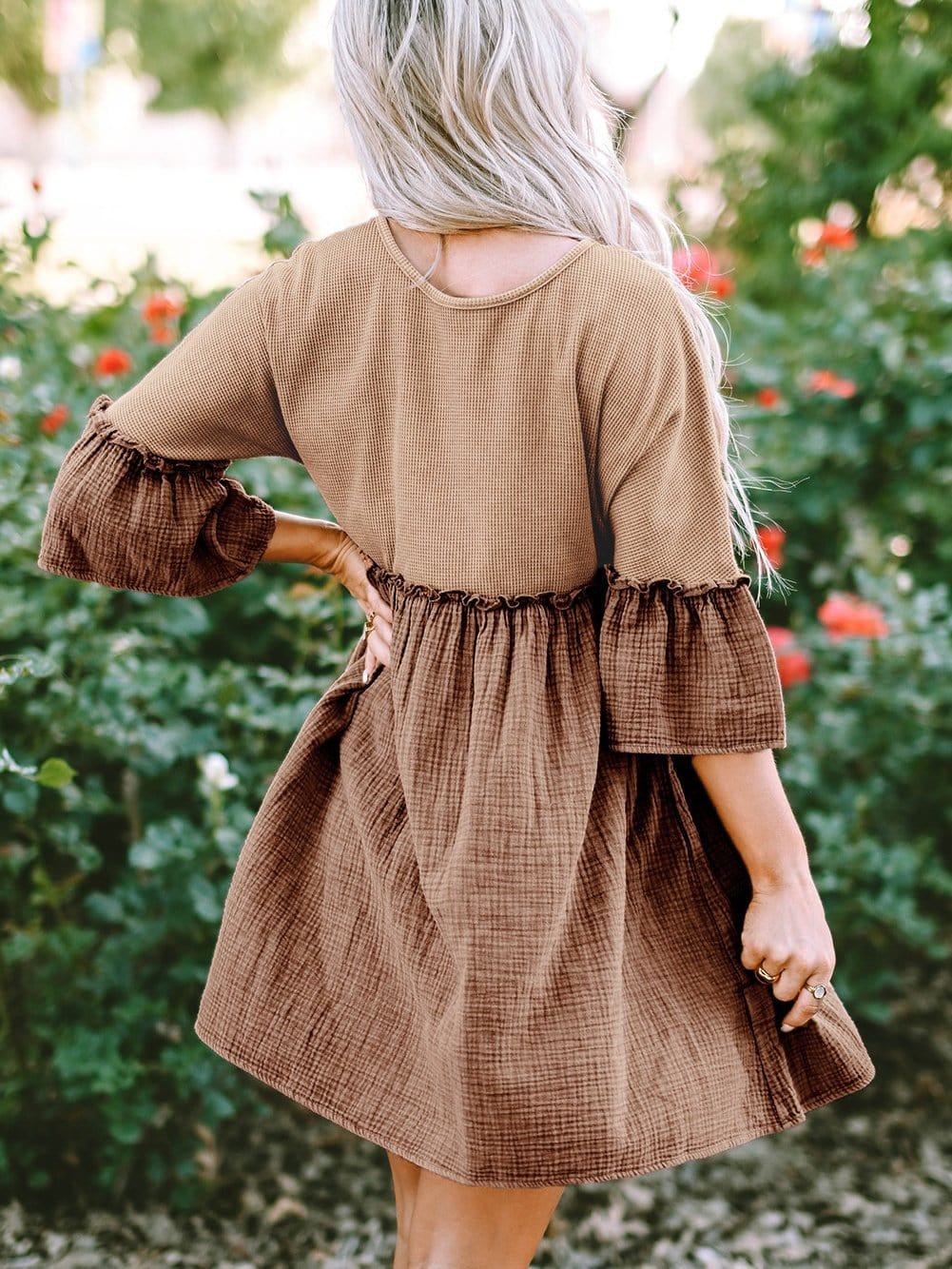 Khaki Waffle Knit Crinkle Patchwork Ruffle Hem Mini Dress