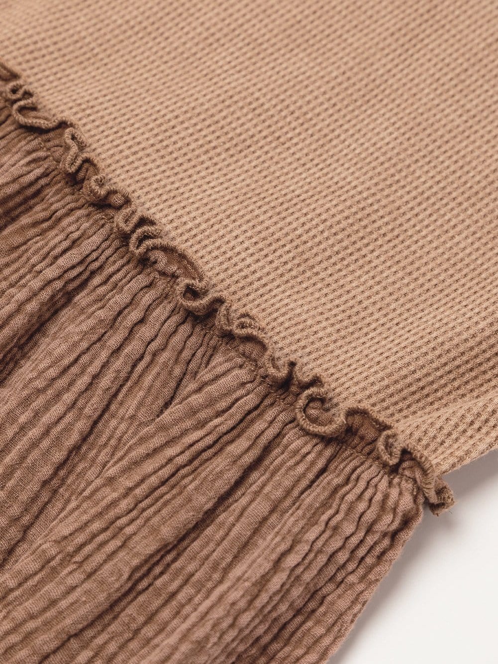 Khaki Waffle Knit Crinkle Patchwork Ruffle Hem Mini Dress