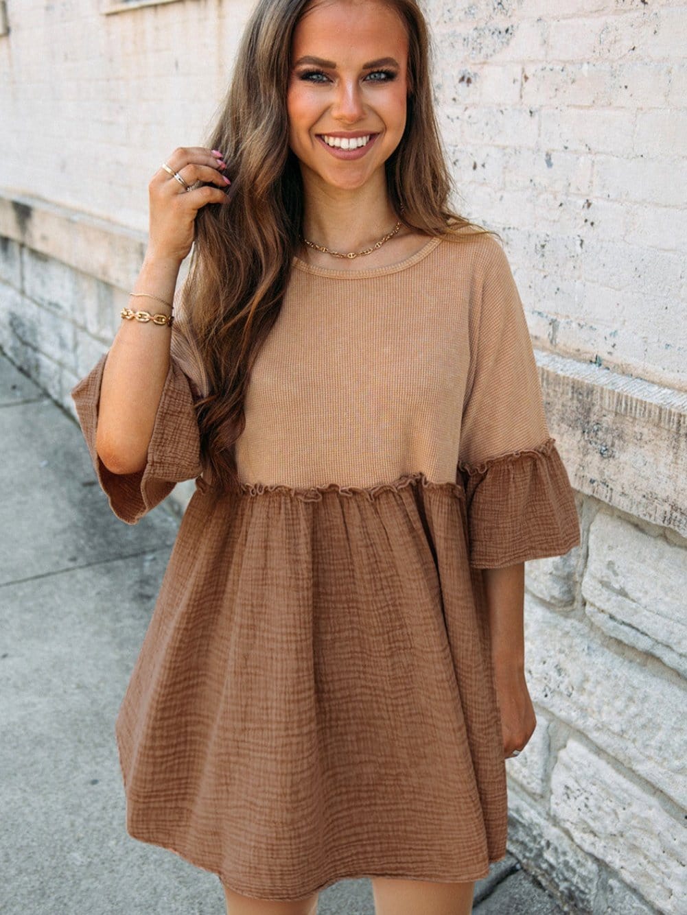 Khaki Waffle Knit Crinkle Patchwork Ruffle Hem Mini Dress