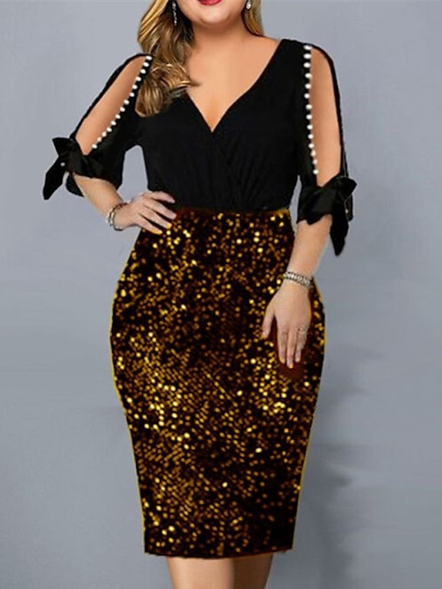 Women's Dress - Plus Size Party Dress Solid Color V Neck Sequins Half Sleeve Spring Fall Stylish Sequins Prom Dress Midi Dress Party Club Dress / Sheath Dress / Sequin Dress