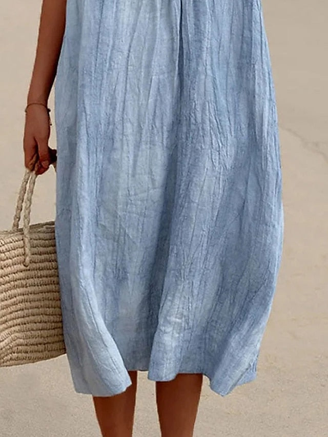 Women's Dress - Casual Dress Shift Dress Plain Dress Plain Pocket V Neck Midi Dress Fashion Basic Outdoor Daily Half Sleeve Loose Fit Blue Dark Green Summer Spring S M L XL 2XL