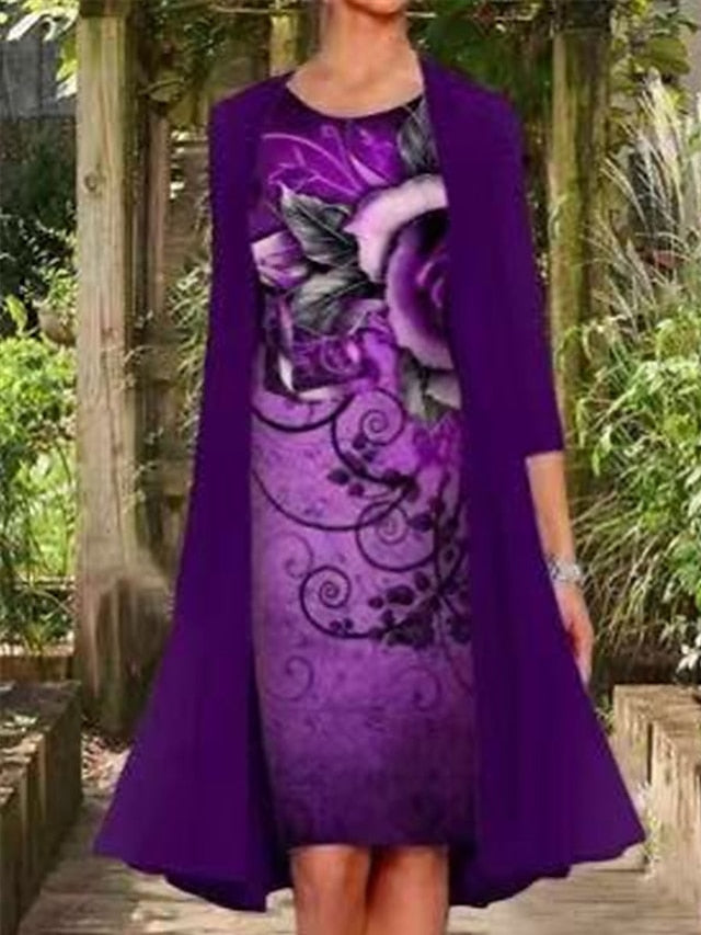 Women's Dress - Two Piece Dress Set Shift Dress Chiffon Dress Daily Going out Casual Print Midi Dress Crew Neck 3/4 Length Sleeve Floral Regular Fit Navy Blue Light Purple Purple Summer Spring M L XL XXL XXXL