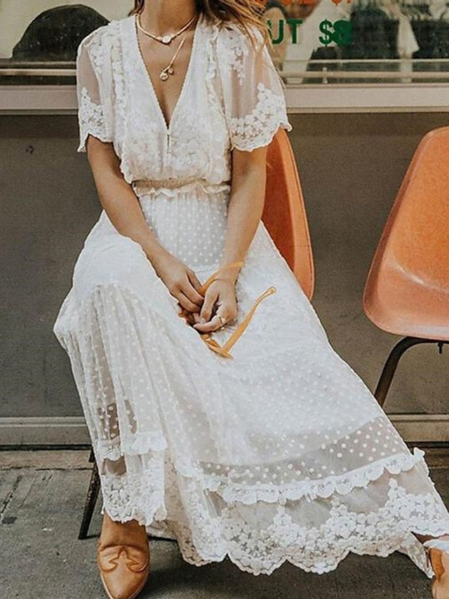 Women's Dress - Party Dress Lace Dress Swing Dress Long Dress Maxi Dress White Short Sleeve Pure Color Lace Summer Spring V Neck Elegant 2023 S M L XL XXL 3XL