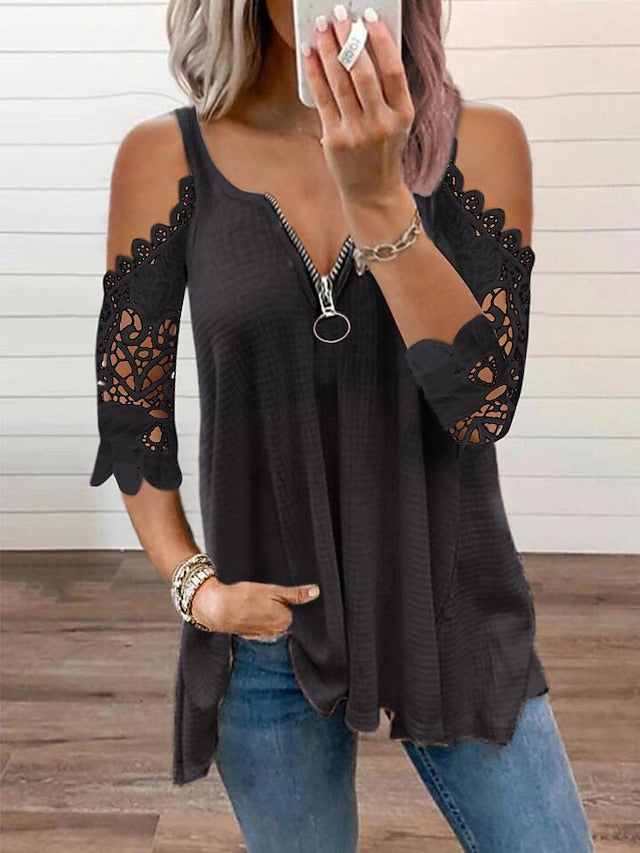 Women's Blouse Lace Zipper Solid Color Lace Basic Standard Summer Black White Pink Red - LuckyFash™