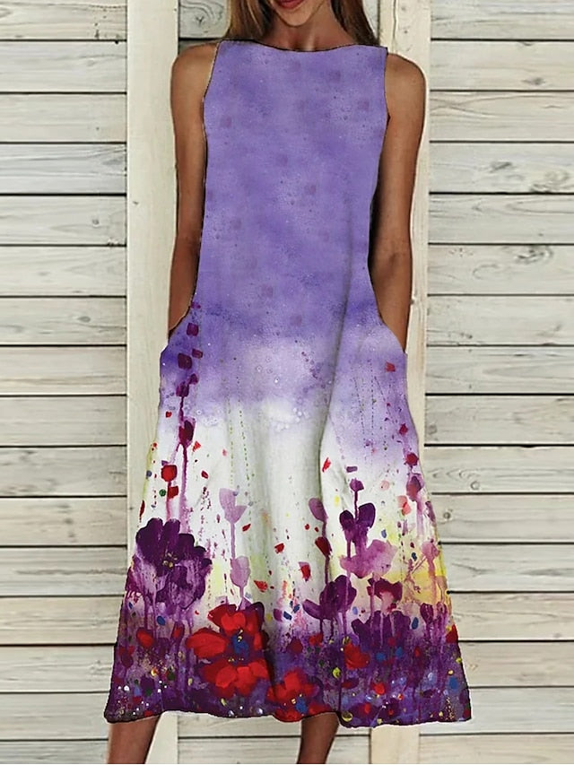 Women's Dress - A Line Dress Midi Dress Sleeveless Floral Pocket Cold Shoulder Print Spring Summer Round Neck Casual Vintage Going out 2023 S M L XL XXL Cotton