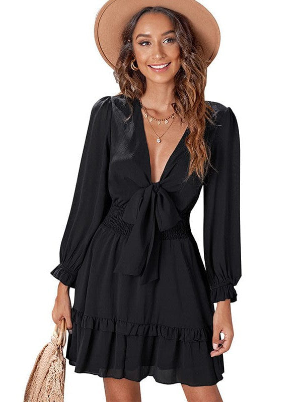 Knee-Length High-Waisted Dress with Ruffled Waist and Long Sleeves for Women