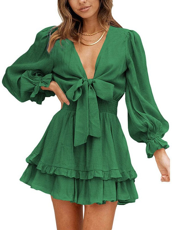 Knee-Length High-Waisted Dress with Ruffled Waist and Long Sleeves for Women