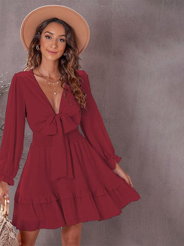 Knee-Length High-Waisted Dress with Ruffled Waist and Long Sleeves for Women