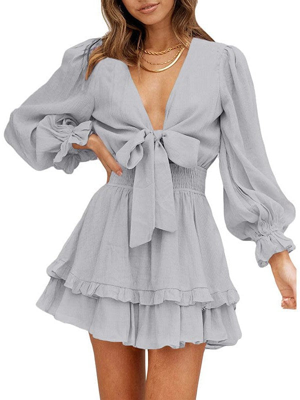 Knee-Length High-Waisted Dress with Ruffled Waist and Long Sleeves for Women