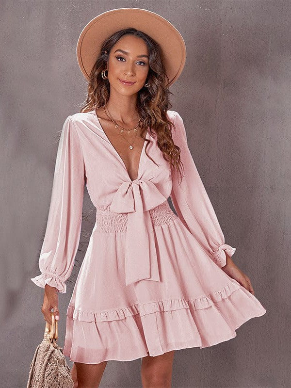 Knee-Length High-Waisted Dress with Ruffled Waist and Long Sleeves for Women