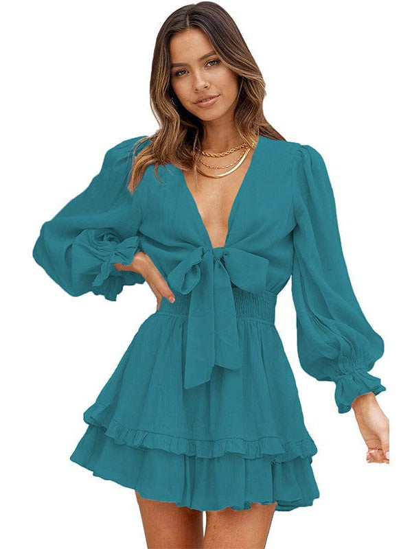 Knee-Length High-Waisted Dress with Ruffled Waist and Long Sleeves for Women