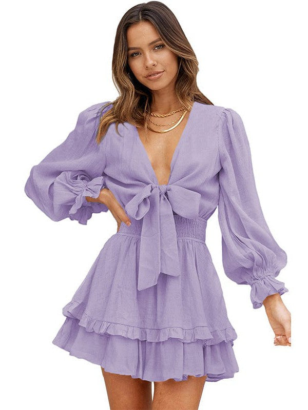Knee-Length High-Waisted Dress with Ruffled Waist and Long Sleeves for Women
