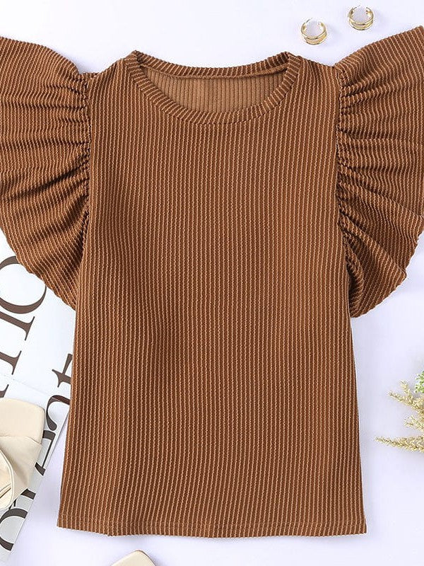 Knitted Ruffled Short Sleeve Pullover Top in Fashionable Solid Colors for Women