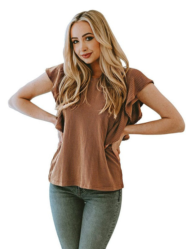 Knitted Ruffled Short Sleeve Pullover Top in Fashionable Solid Colors for Women