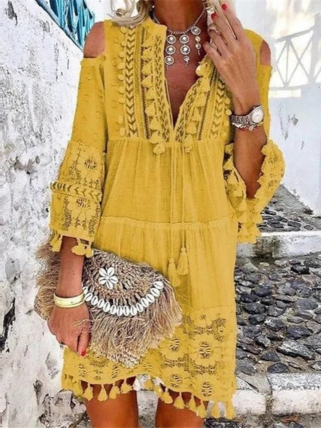 Women's Dress - Shift Dress Boho Dress Mini Dress White Yellow Pink 3/4 Length Sleeve Pure Color Tassel Fringe Summer Spring V Neck Vacation Loose Fit 2023 S M L XL XXL 3XL 4XL 5XL