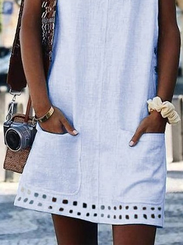 Women's Dress - Cotton Linen Dress Casual Dress Shift Dress Mini Dress Cotton Modern Casual Daily Vacation U Neck Hollow Out Button Sleeveless Summer Spring 2023 Loose Fit Black White Yellow Pure Color S M L