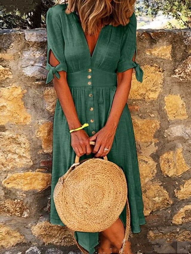 Women's Dress - Shirt Dress Sundress A Line Dress Maxi long Dress Outdoor Daily Holiday Polyester Vacation Hot V Neck Ruched Patchwork Short Sleeve Summer Spring 2023 Regular Fit Yellow Purple Orange Pure
