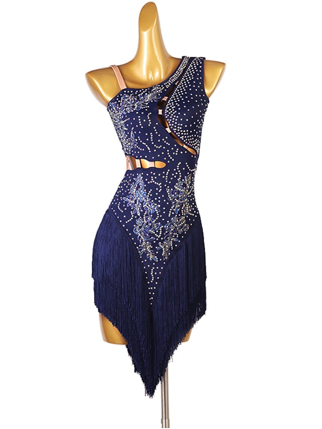 Latin Dance Dress Tassel Split Joint Crystals / Competition Dress Rhinestones Women's Performance Sleeveless Chinlon - LuckyFash™