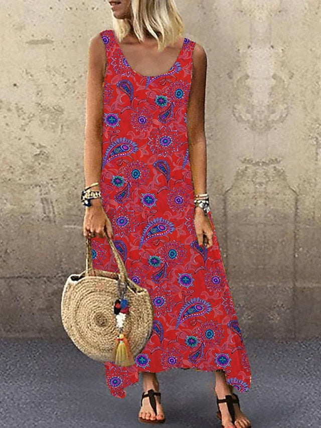 Women's Dress - Swing Dress Maxi long Dress Green Blue Khaki Red Yellow Sleeveless Print Basic Summer Deep U Hot Casual Boho Loose S M L XL XXL 3XL 4XL 5XL