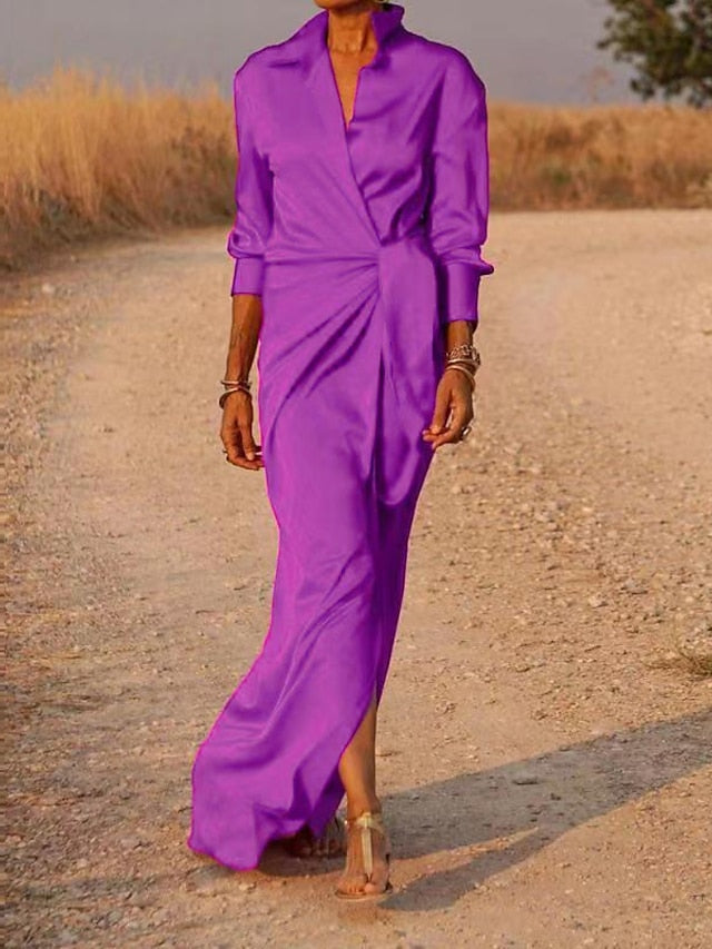Women's Dress - Shirt Dress Party Dress Shift Dress Long Dress Maxi Dress Black Red Blue Long Sleeve Pure Color Lace up Summer Spring V Neck Elegant Party Winter Dress Evening Party 2023 S M L XL XXL