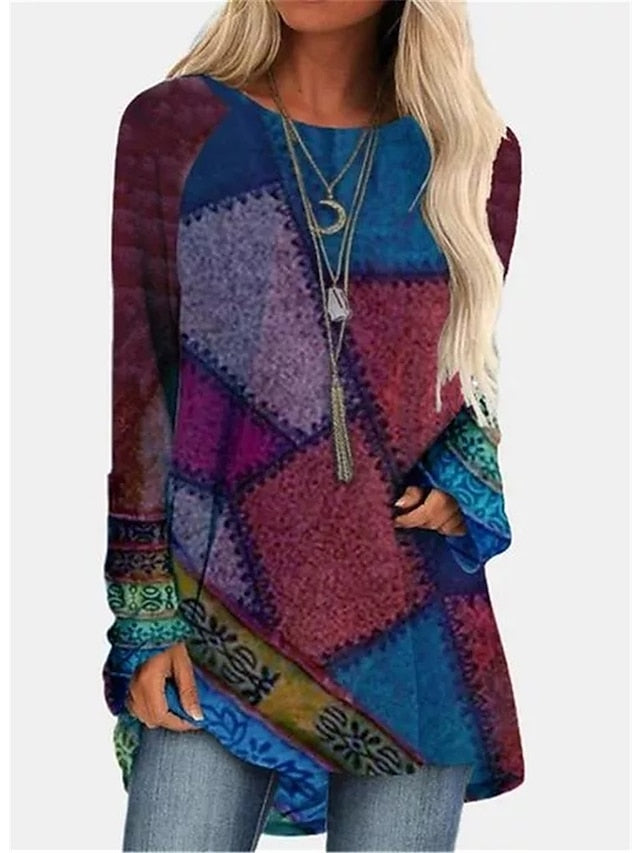Women's Dress - T Shirt Dress Tee Dress Mini Dress Red Blue Green Long Sleeve Color Block Print Fall Spring Crew Neck Casual Winter Dress Fall Dress Loose Fit 2023 S M L XL 2XL 3XL