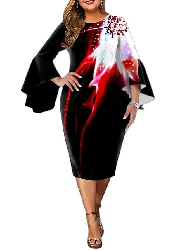 Women's Dress - Plus Size Party Dress Floral Crew Neck Ruffle Long Sleeve Fall Spring Elegant Prom Dress Knee Length Dress Formal Going out Dress / Work Dress / Print