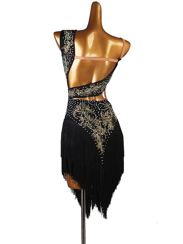 Latin Dance Dress Tassel Split Joint Crystals / Competition Dress Rhinestones Women's Performance Sleeveless Chinlon - LuckyFash™
