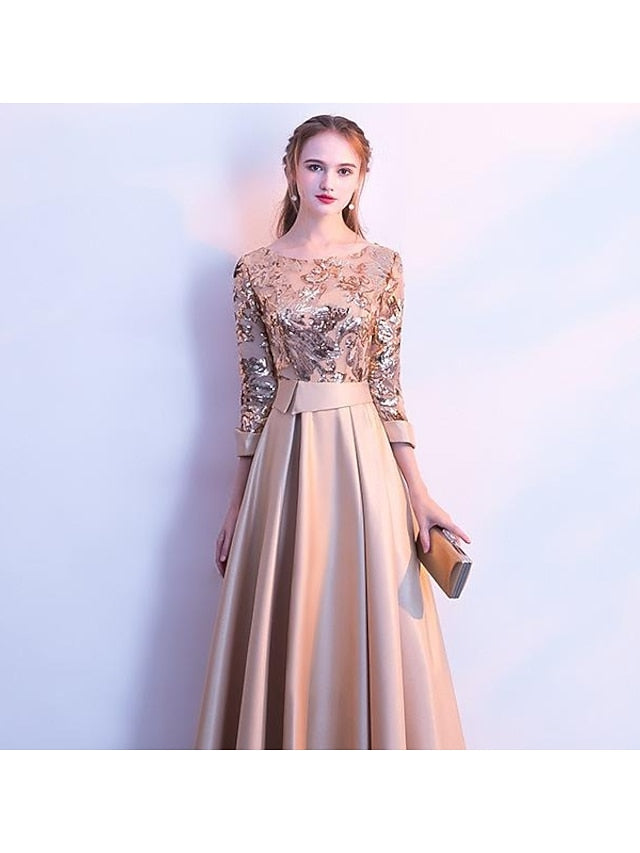 Women's Dress - Party Dress Sequin Dress Swing Dress Maxi long Dress Silver Champagne Dark Blue 3/4 Length Sleeve Color Block Sequins Winter Fall Spring Crew Neck Fashion Party Evening Party Wedding Guest