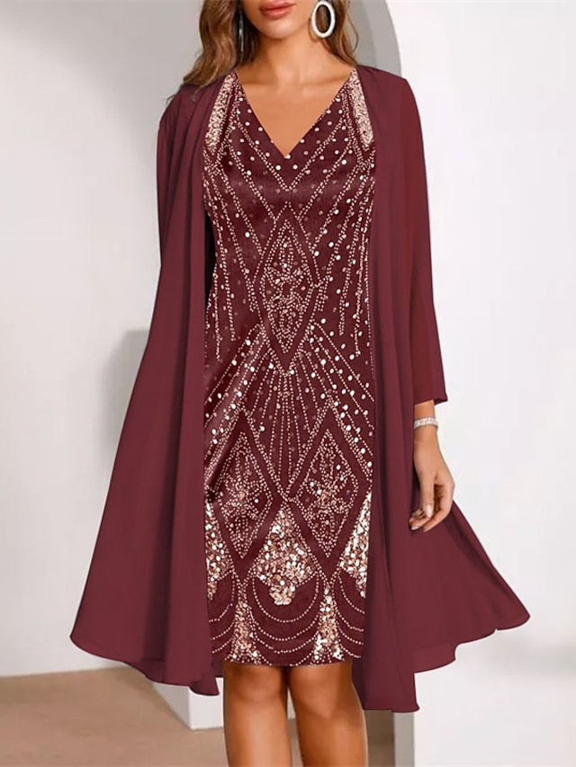 Women's Dress - Dress Set Two Piece Dress Church Dress Midi Dress Black Wine Purple Long Sleeve Geometric Print Summer Spring Fall V Neck Fashion Wedding Guest Spring Dress 2023 M L XL XXL 3XL