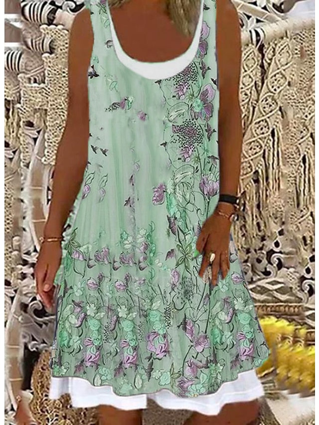 Women's Dress - Shift Dress Midi Dress Light Pink Light Blue Green 1 Sleeveless Floral Print Spring Summer Crew Neck Casual Weekend 2023 S M L XL XXL