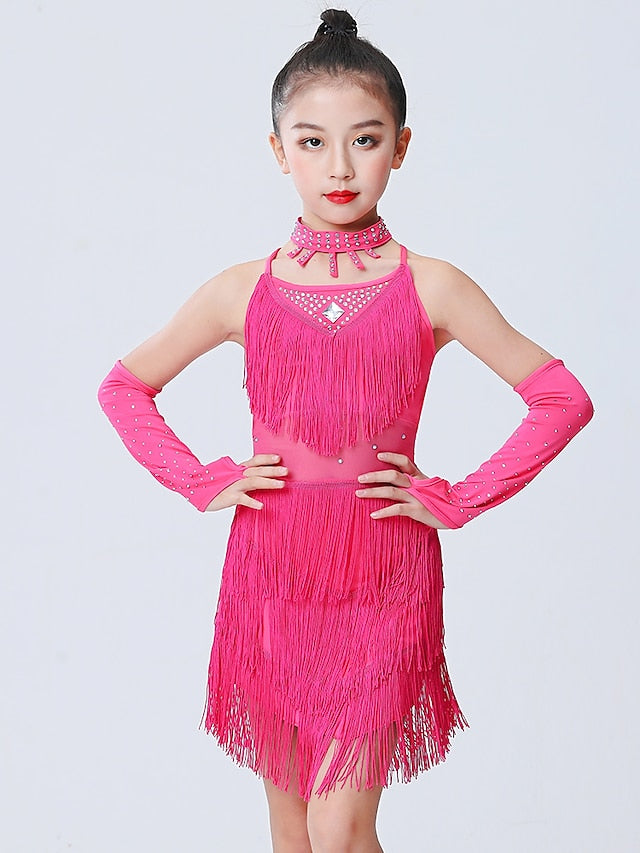 Latin Dance Dress Tassel Side Draping Ruching Girls' Performance Training Sleeveless Polyester - LuckyFash™