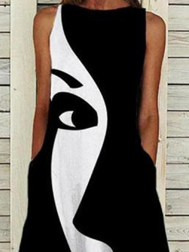 Women's Dress - Casual Dress Midi Dress Black Sleeveless Print Print Spring Summer Crew Neck Casual Weekend 2023 S M L XL XXL 3XL