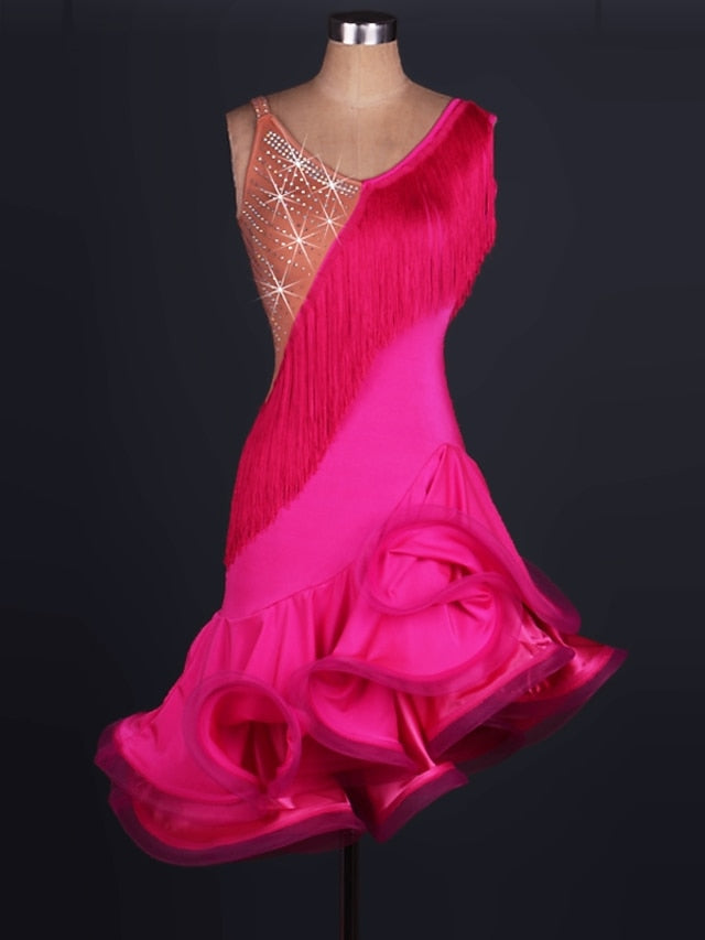 Latin Dance Dress Tassel Crystals / Rhinestones Women's Training Performance Sleeveless High Spandex Tulle - LuckyFash™