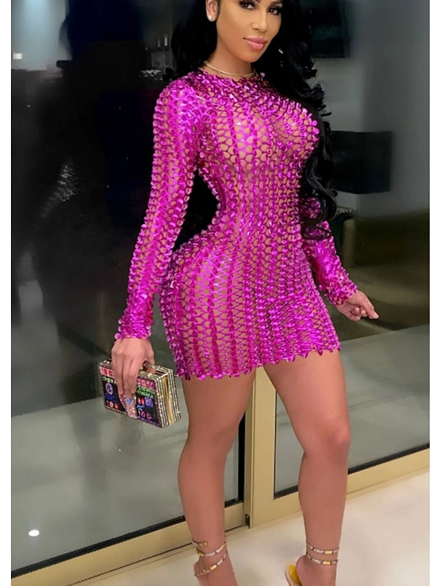Women's Dress - Party Dress Holiday Dress Bodycon Mini Dress Silver Black Red Long Sleeve Pure Color Hollow Out Spring Fall Winter Crew Neck Fashion Winter Dress Fall Dress Spring Dress 2022 S M L XL XXL