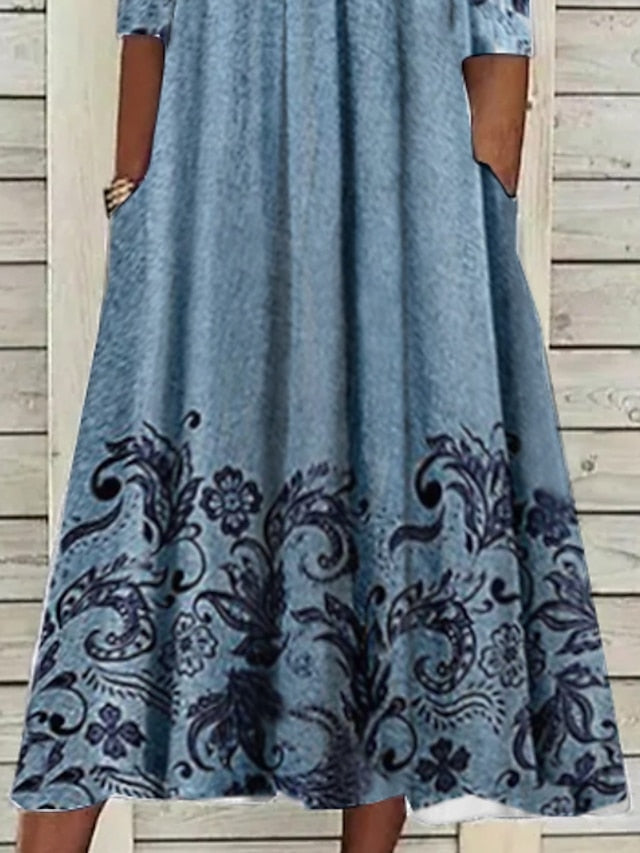 Women's Dress - Casual Dress Ethnic Dress Midi Dress Blue Half Sleeve Floral Print Summer Spring V Neck Casual 2023 S M L XL XXL 3XL