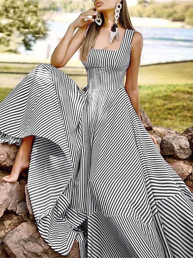 Women's Dress - Long Dress Maxi Dress Casual Dress Swing Dress A Line Dress Striped Basic Fashion Holiday Vacation Going out Ruffle Print Sleeveless Square Neck Dress Regular Fit Black Red Blue Spring Summer