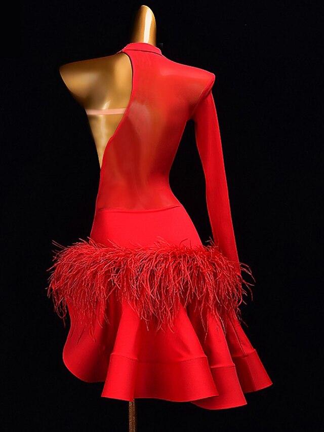 Latin Dance Ballroom Dance Latin Salsa Dance Dress Feathers Rhinestone Women's Girls' Training Performance Long Sleeve - LuckyFash™