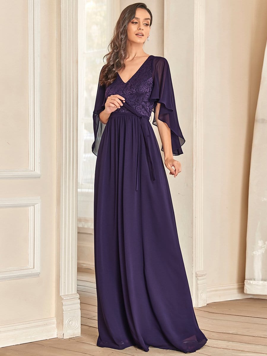 Lace Accent Plus Size V-Neck Evening Dress with Belt