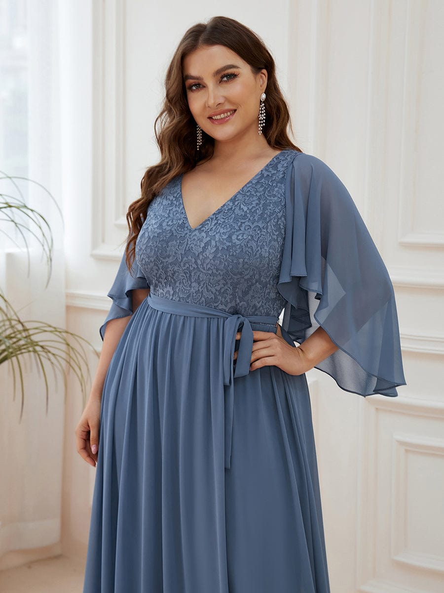 Lace Accent Plus Size V-Neck Evening Dress with Belt